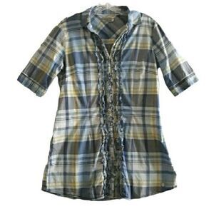 Tom Tailor  ButtonDown Top Women40/ US 10 Blue Plaid Mid Sleeve Ruffles